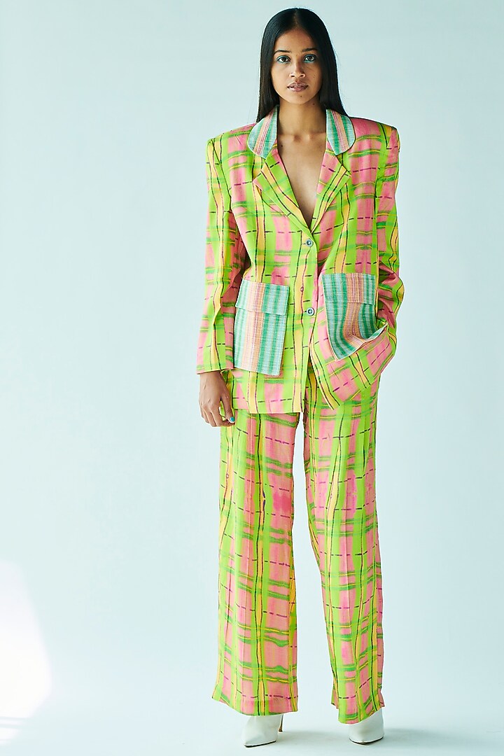 Neon Green Printed Trousers by Doh Tak Keh at Pernia's Pop Up Shop