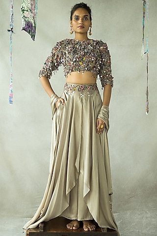 Antique Gold Cupro Satin Hand Embroidered Blouse by Doh Tak Keh