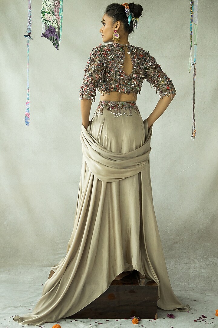 Antique Gold Cupro Satin Hand Embroidered Blouse by Doh Tak Keh at Pernia's Pop Up Shop