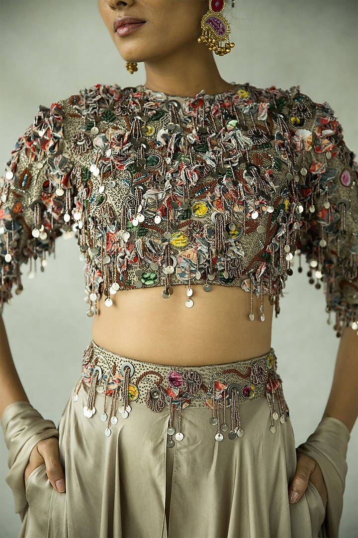 Antique Gold Cupro Satin Hand Embroidered Blouse by Doh Tak Keh at Pernia's Pop Up Shop