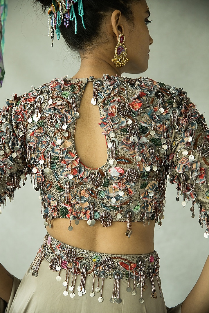Antique Gold Cupro Satin Hand Embroidered Blouse by Doh Tak Keh at Pernia's Pop Up Shop