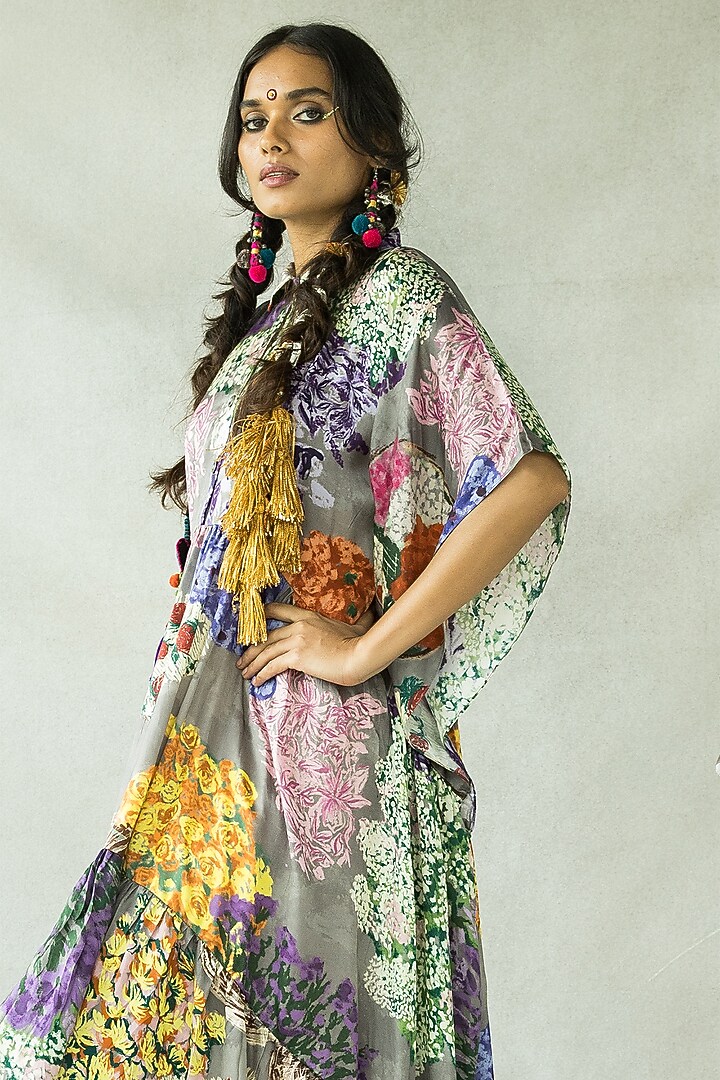 Ash Grey Cupro Satin Kaftan Maxi Summer Dress by Doh Tak Keh at Pernia's Pop Up Shop
