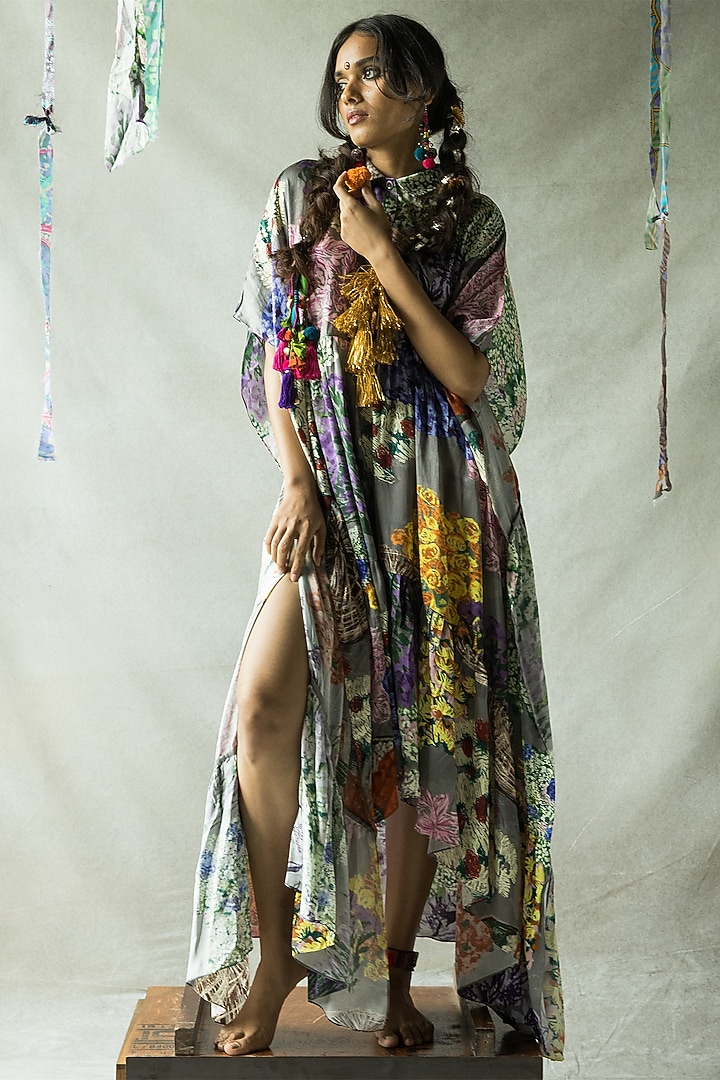 Ash Grey Cupro Satin Kaftan Maxi Summer Dress by Doh Tak Keh at Pernia's Pop Up Shop