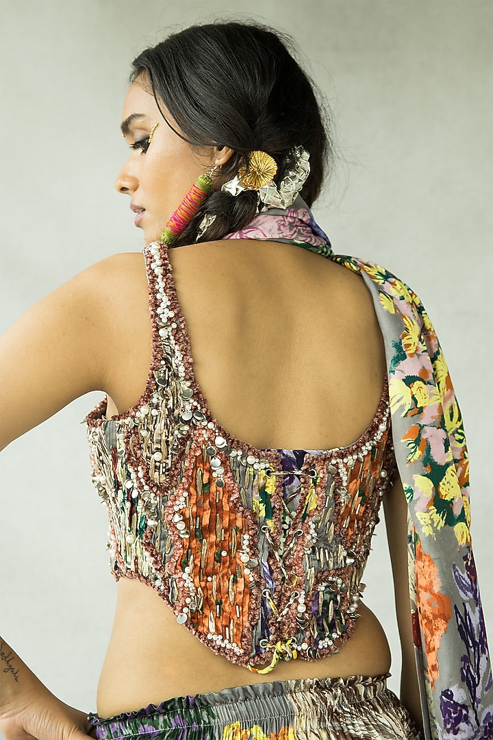 Ash Grey Cupro Satin Embroidered Corset by Doh Tak Keh at Pernia's Pop Up Shop