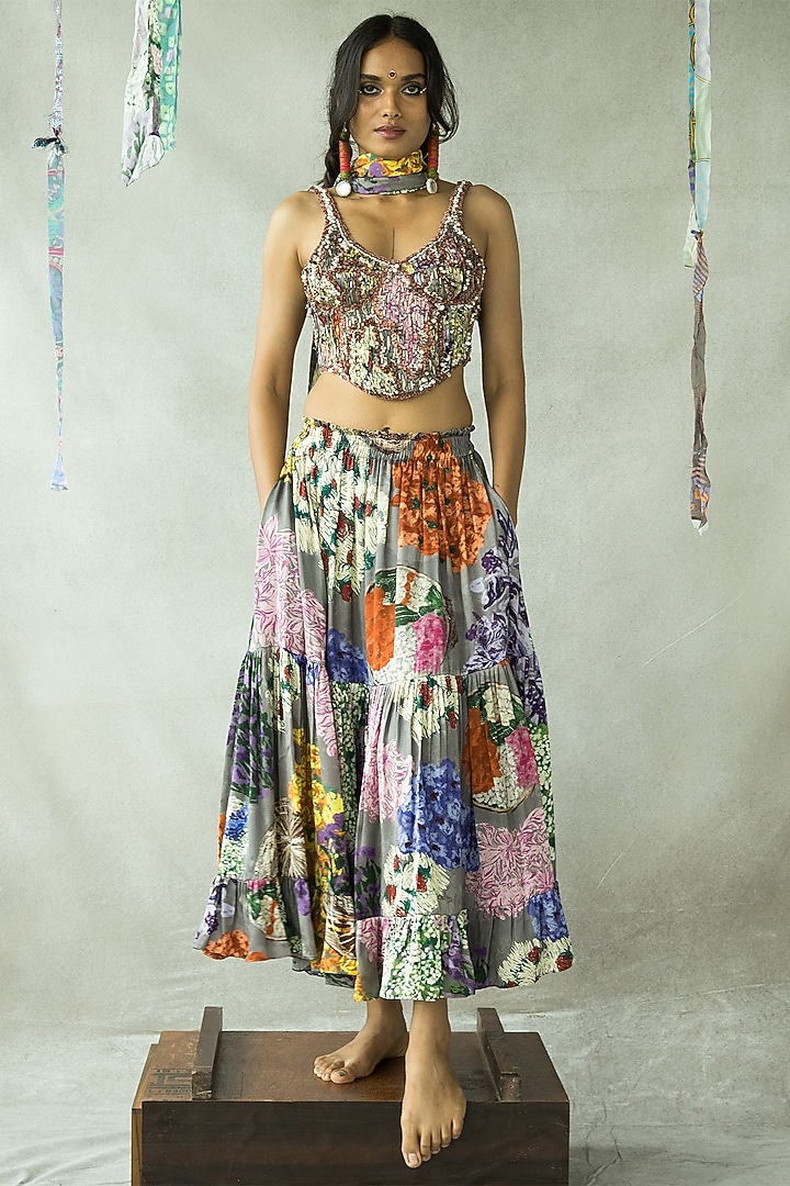 Ash Grey Cupro Satin Embroidered Corset by Doh Tak Keh at Pernia's Pop Up Shop