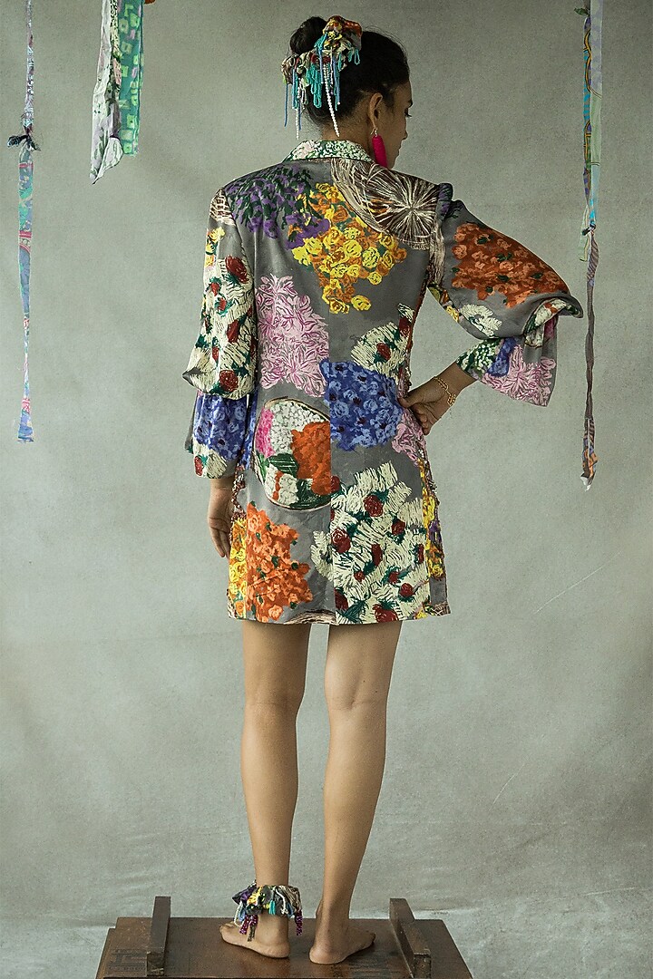 Ash Grey Cupro Satin Hand Embroidered Blazer Vacation Dress by Doh Tak Keh at Pernia's Pop Up Shop