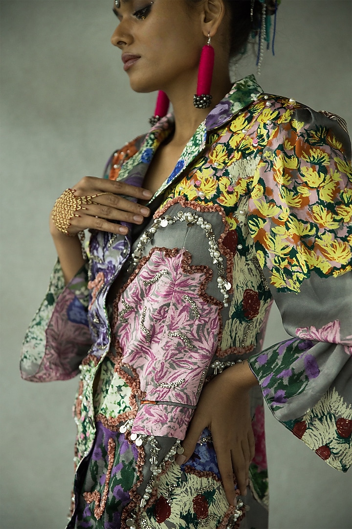 Ash Grey Cupro Satin Hand Embroidered Blazer Vacation Dress by Doh Tak Keh at Pernia's Pop Up Shop