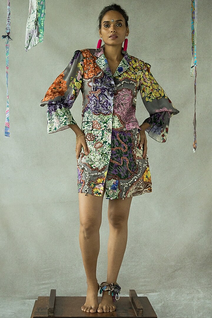 Ash Grey Cupro Satin Hand Embroidered Blazer Vacation Dress by Doh Tak Keh at Pernia's Pop Up Shop