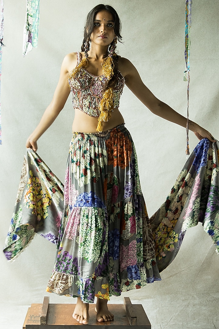 Asy Grey Cupro Satin Wedding Lehenga Set by Doh Tak Keh at Pernia's Pop Up Shop