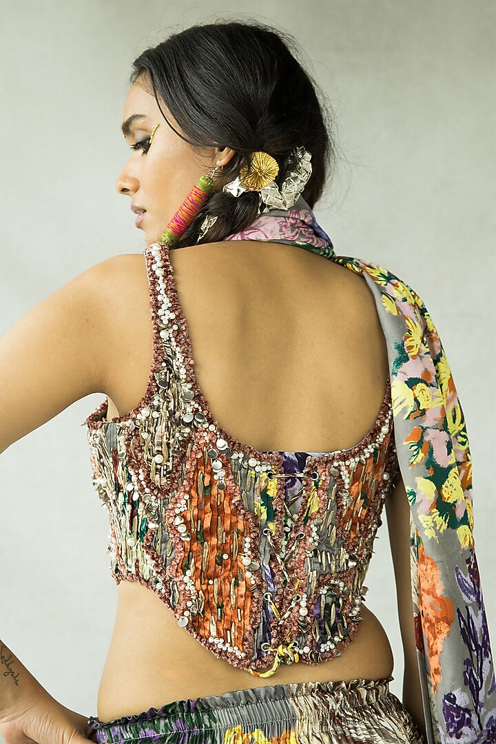 Asy Grey Cupro Satin Wedding Lehenga Set by Doh Tak Keh at Pernia's Pop Up Shop