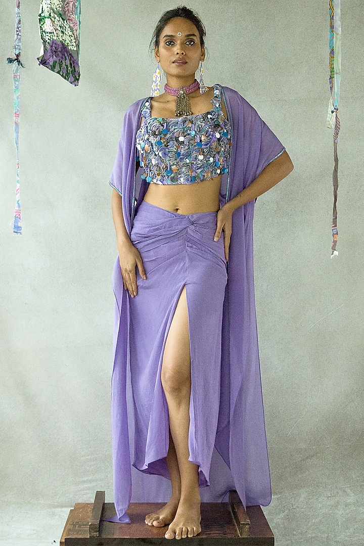 Dusty Lilac Cupro Satin Draped Skirt Set by Doh Tak Keh