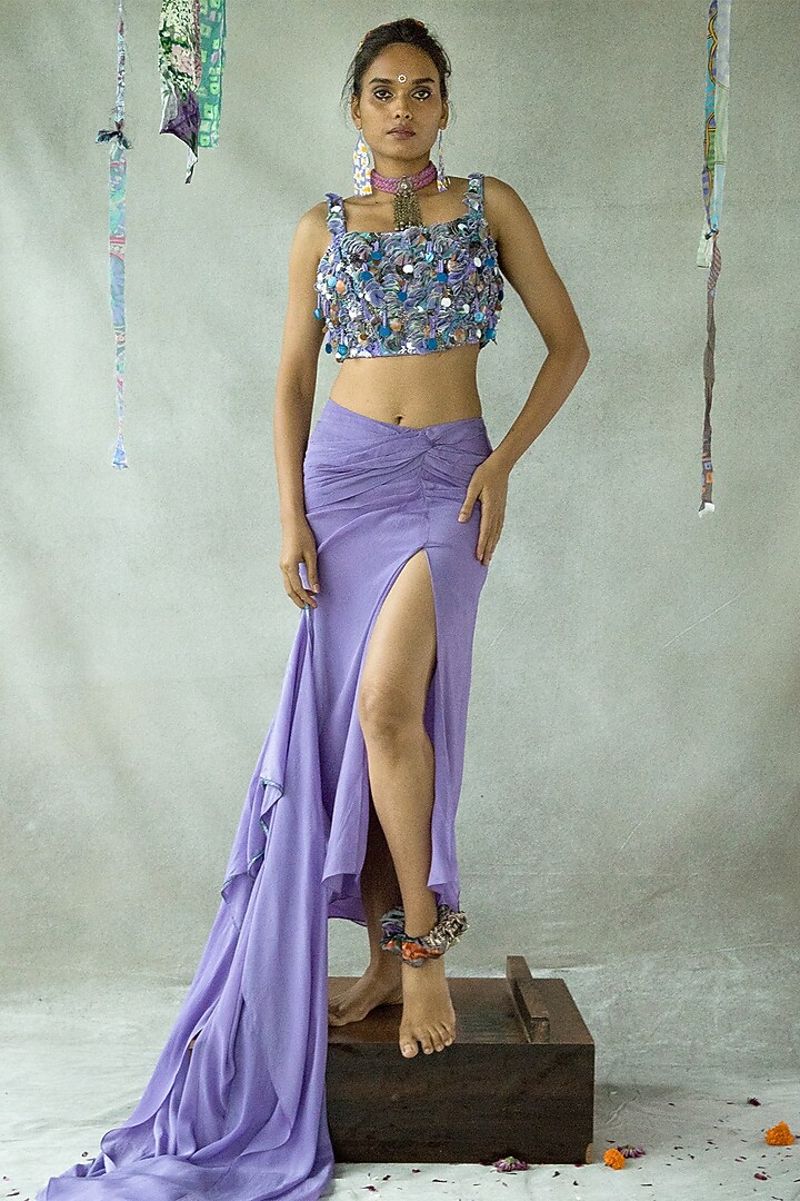 Dusty Lilac Cupro Satin Draped Skirt Set by Doh Tak Keh at Pernia's Pop Up Shop