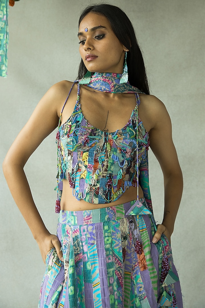 Multi-Colored Tencel Modal & Upcycled Fabric Hand Embroidered Corset Top by Doh Tak Keh