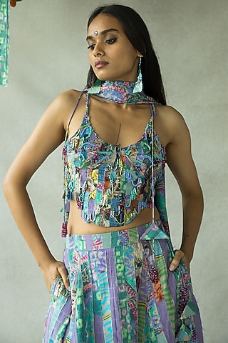 Multi-Colored Tencel Modal & Upcycled Fabric Hand Embroidered Corset Top by Doh Tak Keh