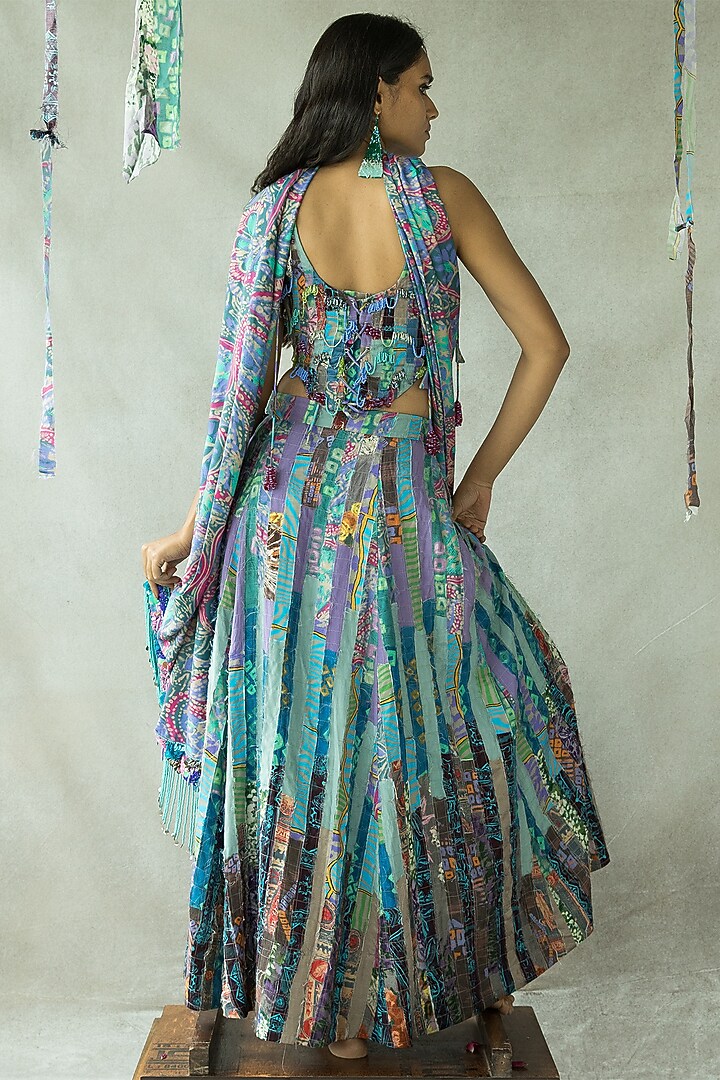 Multi-Colored Tencel Modal & Upcycled Fabric Tassel Hand Embroidered Lehenga by Doh Tak Keh at Pernia's Pop Up Shop