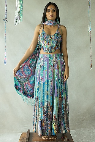 Multi-Colored Tencel Nodal & Upcycled Fabric Tassel Hand Embroidered Lehenga Set by Doh Tak Keh