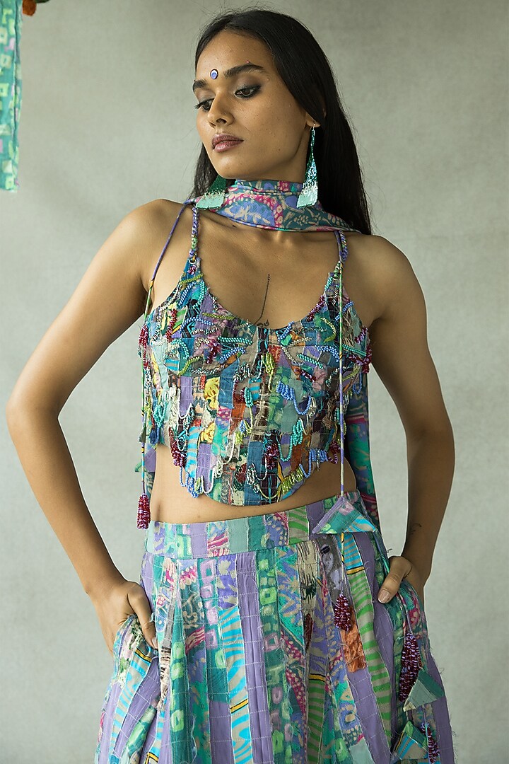 Multi-Colored Tencel Nodal & Upcycled Fabric Tassel Hand Embroidered Wedding Lehenga Set by Doh Tak Keh at Pernia's Pop Up Shop