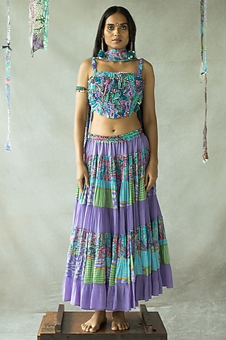 Dusty Lilac Natural Crepe Printed Flared Lehenga Set by Doh Tak Keh
