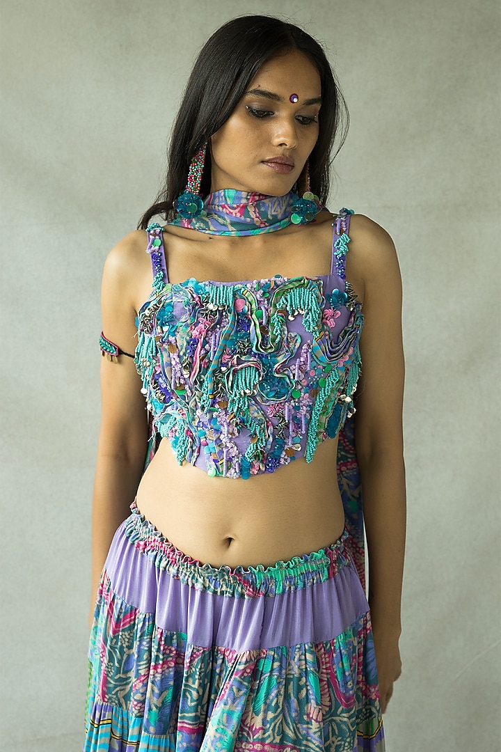 Dusty Lilac Natural Crepe Printed Flared Wedding Lehenga Set by Doh Tak Keh at Pernia's Pop Up Shop