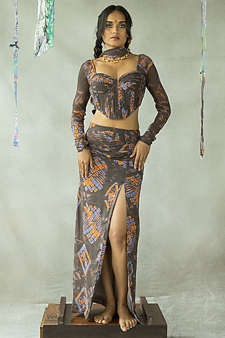 Walnut Brown Georgette Ruched Skirt by Doh Tak Keh