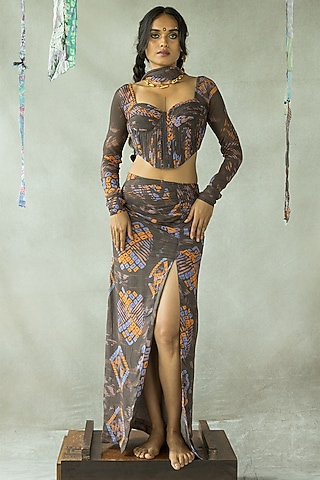 Walnut Brown Georgette Ruched Skirt Set by Doh Tak Keh