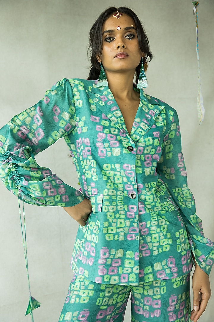Aquamarine Bemberg Fine Silk Blazer Set by Doh Tak Keh at Pernia's Pop Up Shop