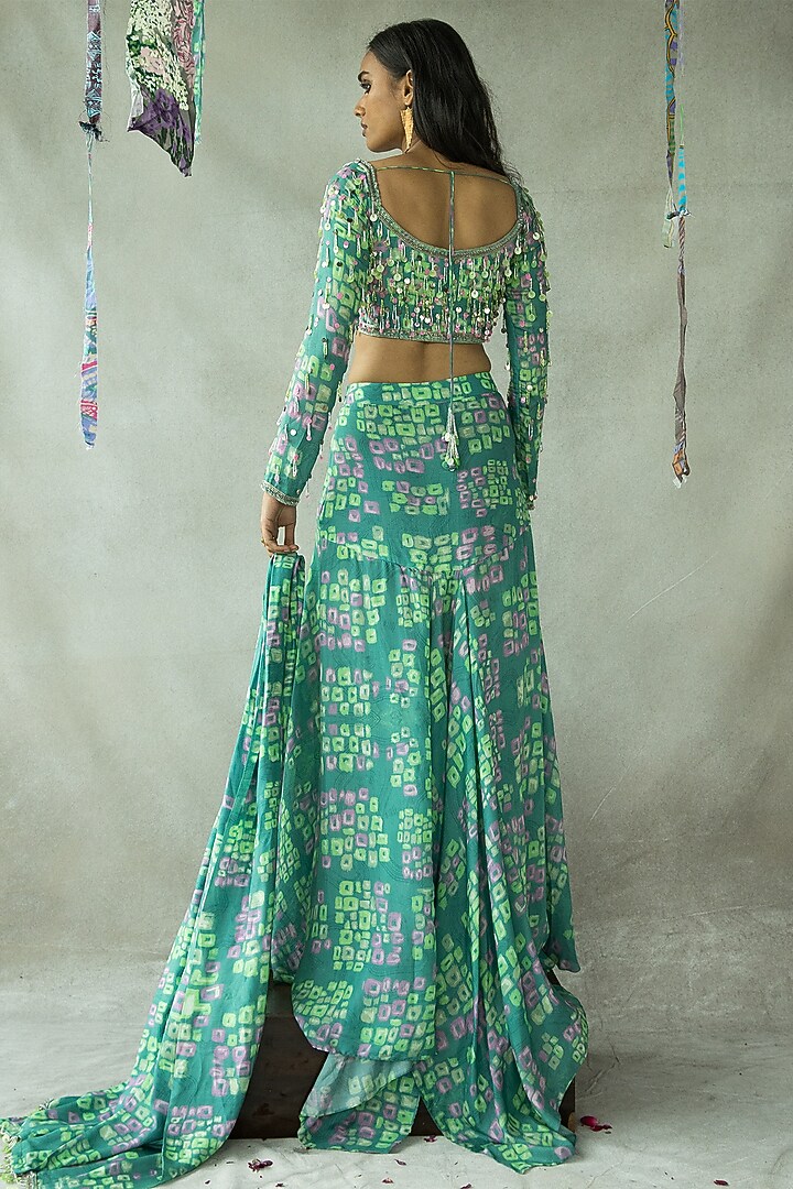 Aquamarine Bemberg Fine Silk Asymmetric Wedding Lehenga Set by Doh Tak Keh at Pernia's Pop Up Shop