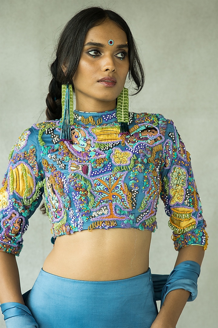 Denim Blue Cupro Satin Hand Embroidered Blouse by Doh Tak Keh
