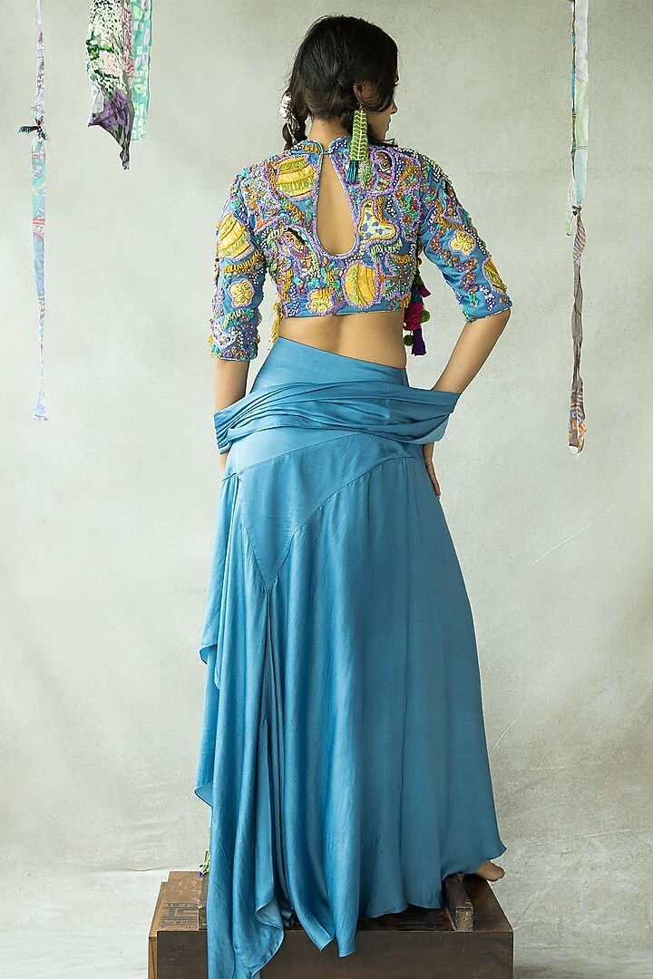 Denim Blue Cupro Satin Hand Embroidered Blouse by Doh Tak Keh at Pernia's Pop Up Shop