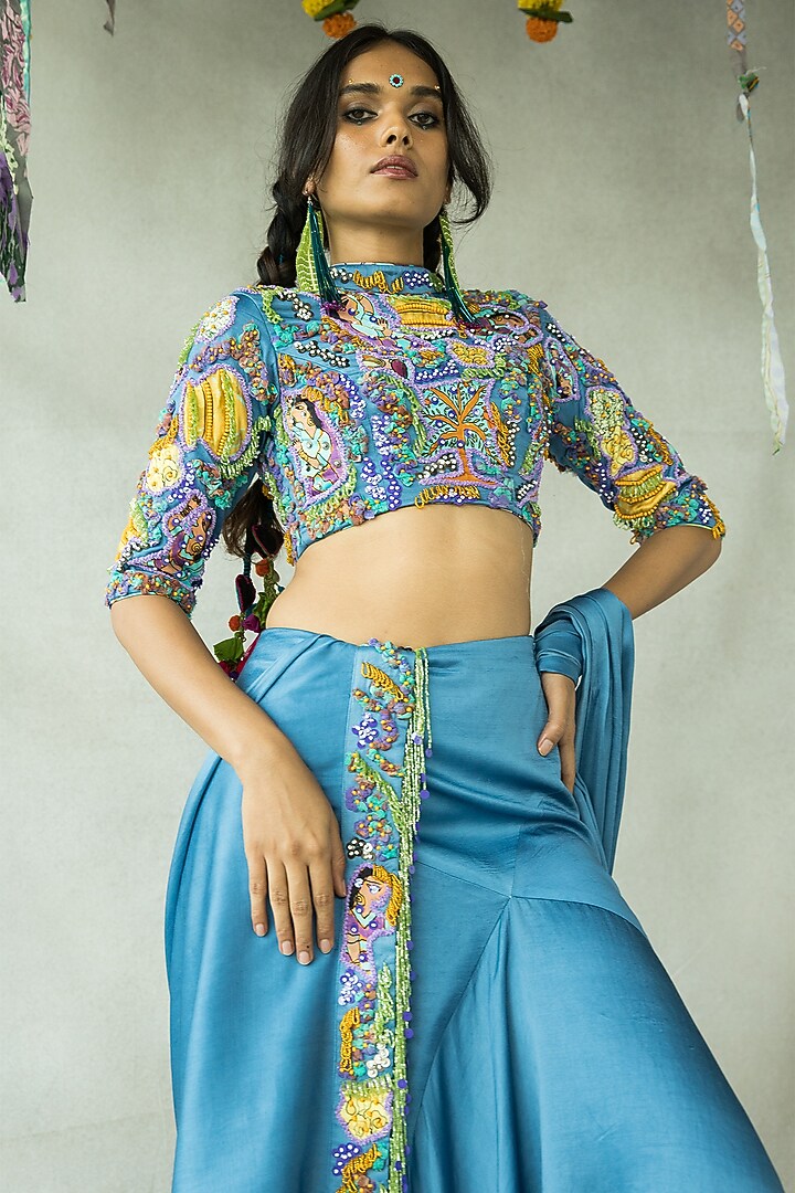 Denim Blue Cupro Satin Hand Embroidered Blouse by Doh Tak Keh at Pernia's Pop Up Shop