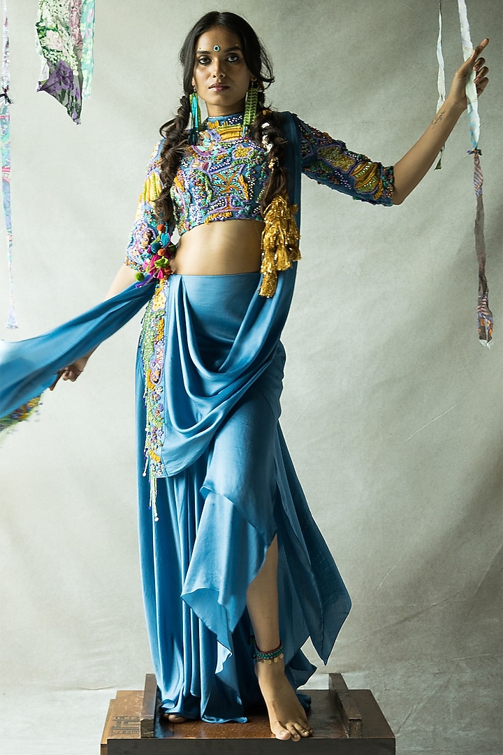 Denim Blue Cupro Satin Hand Embroidered Blouse by Doh Tak Keh at Pernia's Pop Up Shop