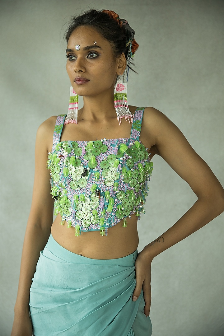 Dusty Teal Natural Crepe Embroidered Corset Top by Doh Tak Keh