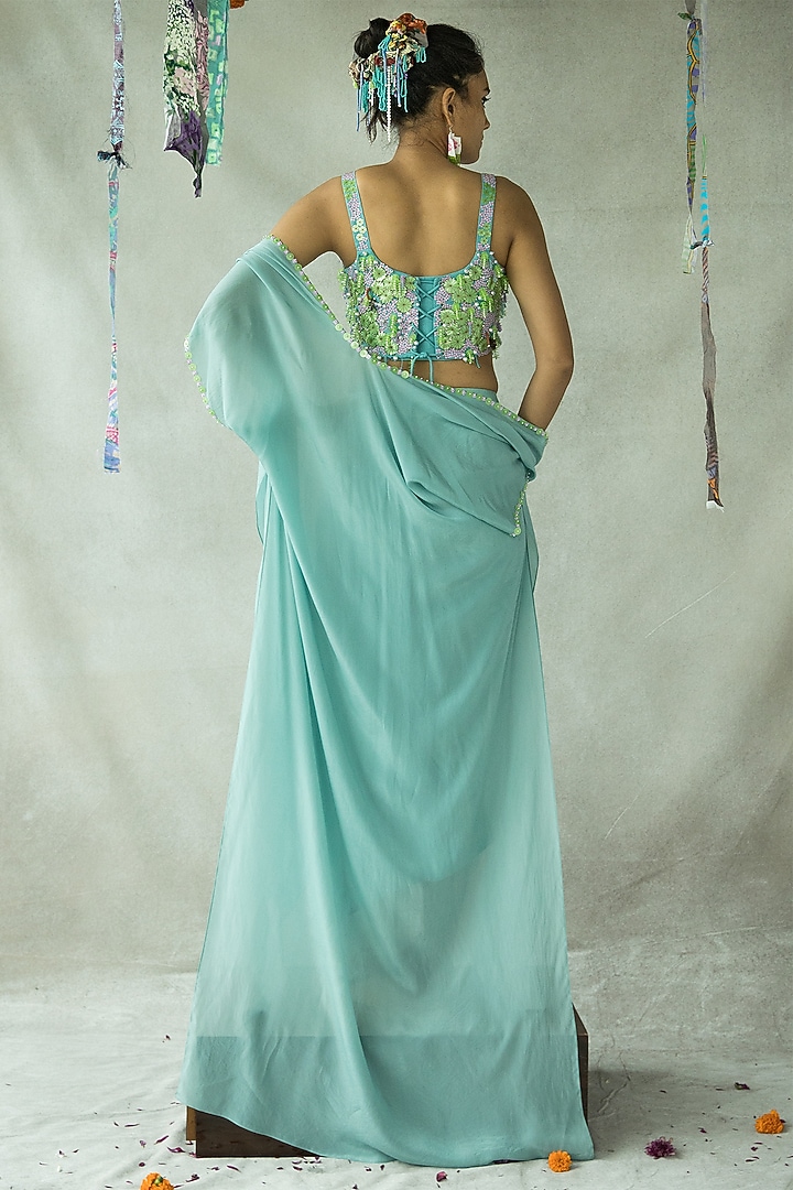 Dusty Teal Natural Crepe Draped Knot Skirt Set by Doh Tak Keh at Pernia's Pop Up Shop
