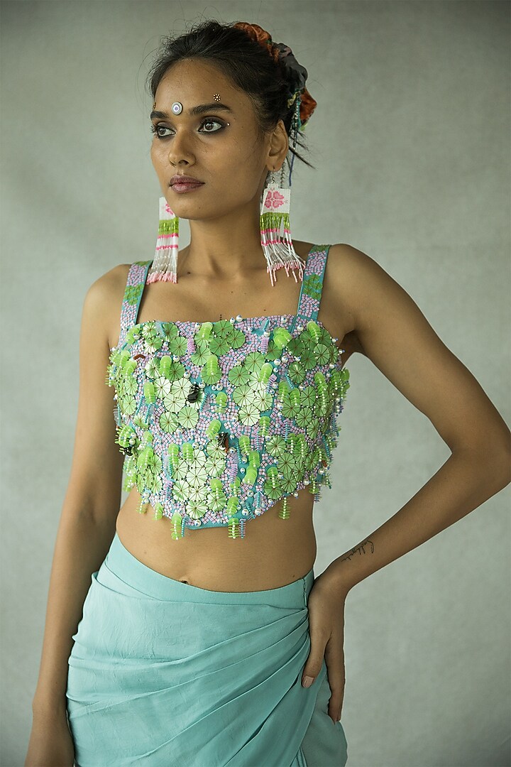 Dusty Teal Natural Crepe Draped Knot Skirt Set by Doh Tak Keh at Pernia's Pop Up Shop