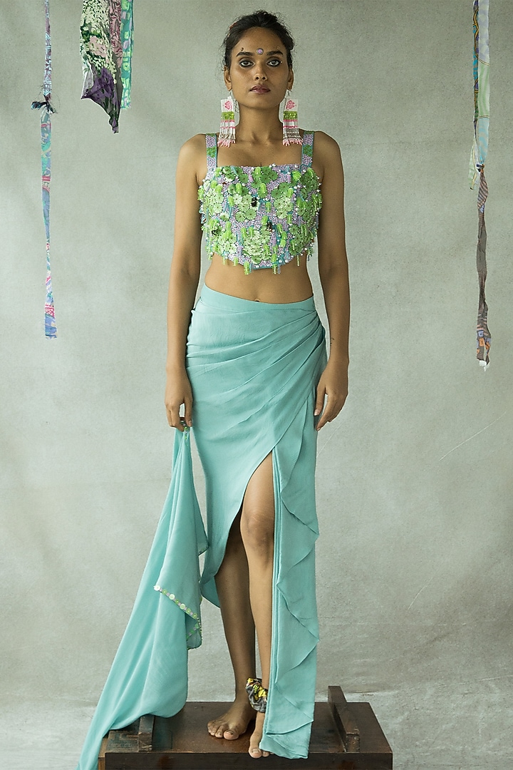 Dusty Teal Natural Crepe Draped Knot Skirt Set by Doh Tak Keh at Pernia's Pop Up Shop
