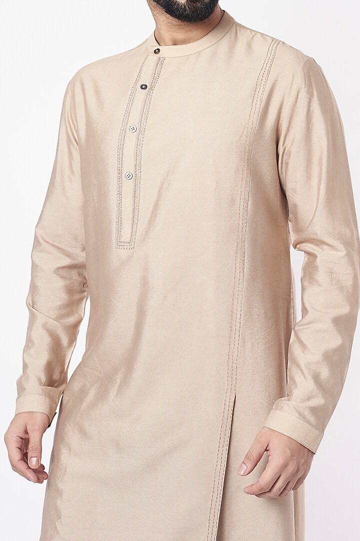 Silver Sand Color Cotton Silk Embroidered Kurta Set by Dhruv Vaish at Pernia's Pop Up Shop