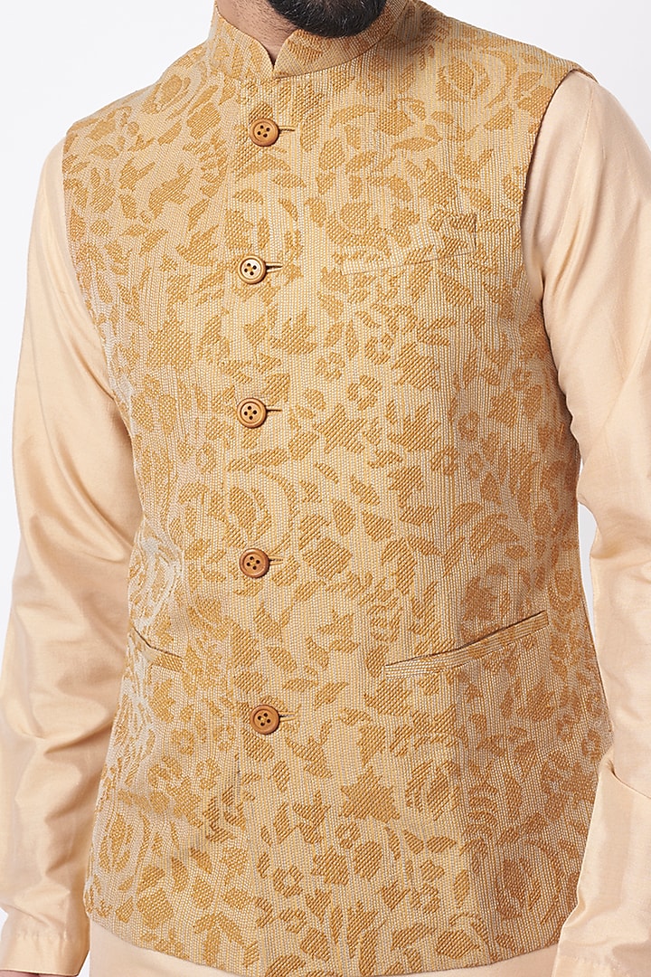 Ochre Yellow Embroidered Nehru Jacket by Dhruv Vaish at Pernia's Pop Up Shop