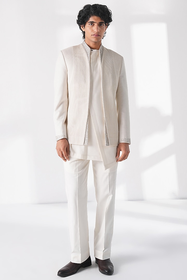 Ivory Matka Silk Beadwork Front-Open Wedding Bandhgala by Dhruv Vaish at Pernia's Pop Up Shop