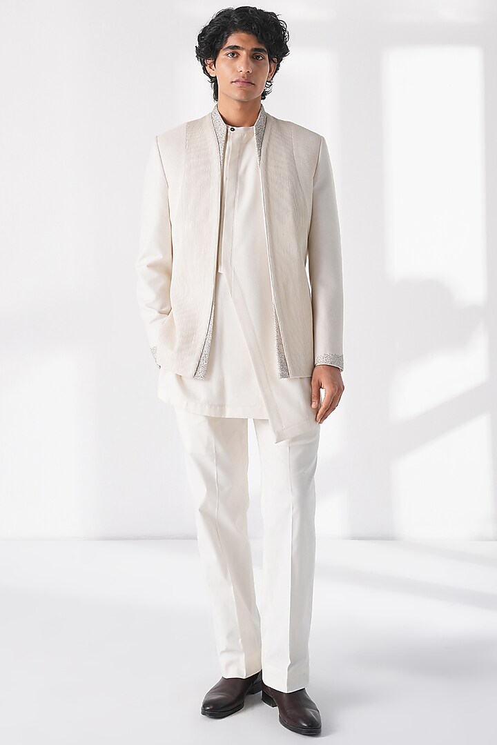 Ivory Matka Silk Beadwork Front-Open Wedding Bandhgala by Dhruv Vaish at Pernia's Pop Up Shop