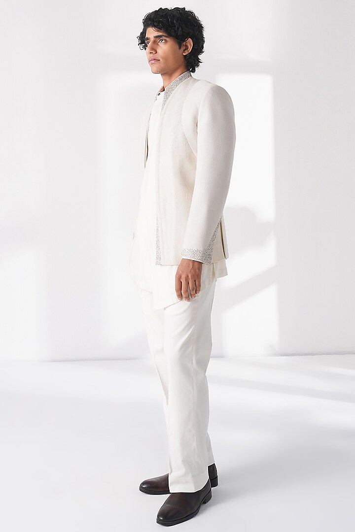 Ivory Matka Silk Beadwork Front-Open Wedding Bandhgala by Dhruv Vaish at Pernia's Pop Up Shop
