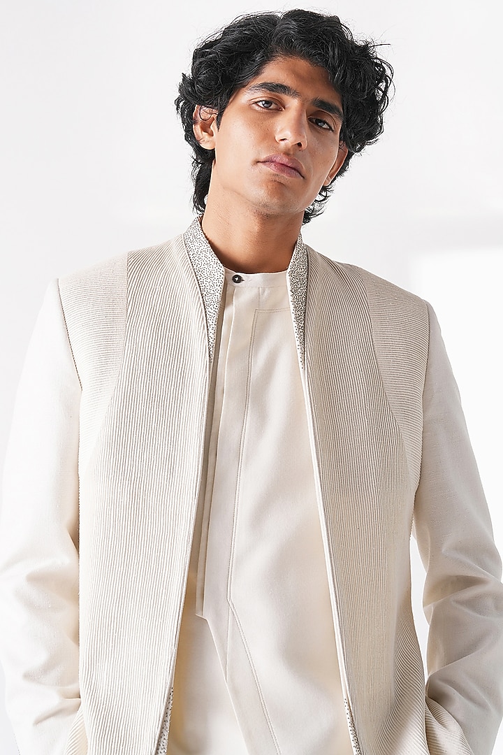 Ivory Matka Silk Beadwork Front-Open Wedding Bandhgala by Dhruv Vaish at Pernia's Pop Up Shop