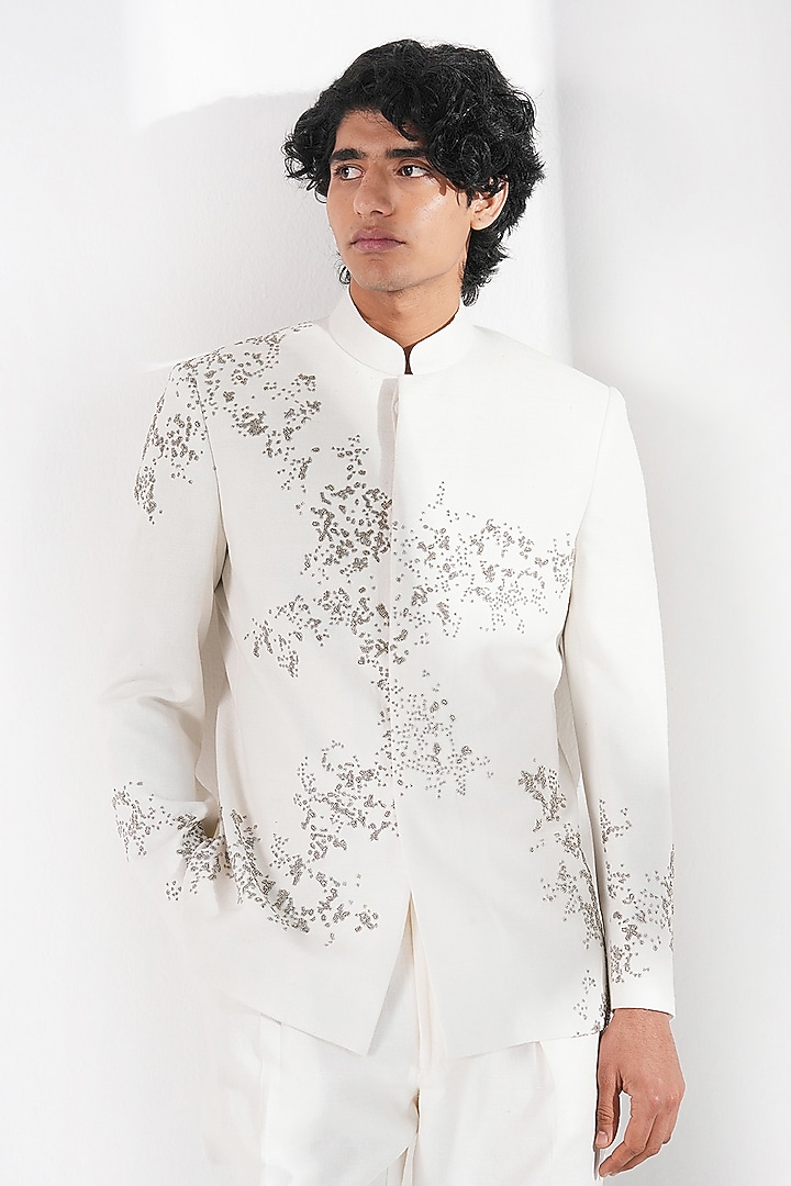 Ivory Silk Hand Embroidered Groom Bandhgala by Dhruv Vaish at Pernia's Pop Up Shop