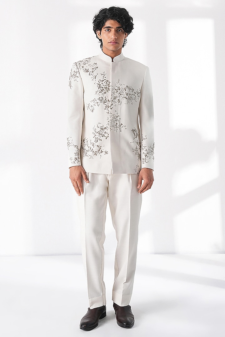 Ivory Silk Hand Embroidered Groom Bandhgala by Dhruv Vaish at Pernia's Pop Up Shop