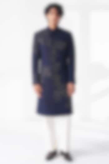 Navy Blue Silk Hand Embroidered Groom Sherwani Set by Dhruv Vaish at Pernia's Pop Up Shop
