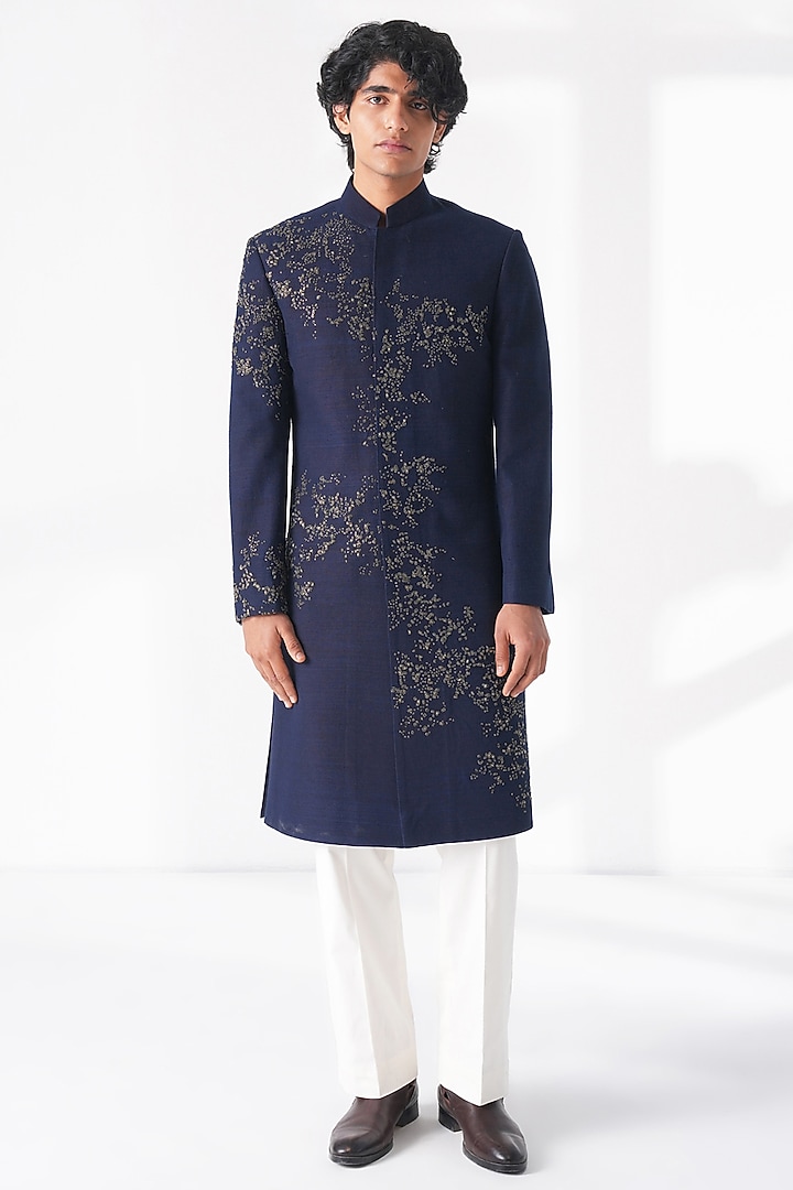 Navy Blue Silk Hand Embroidered Groom Sherwani Set by Dhruv Vaish at Pernia's Pop Up Shop