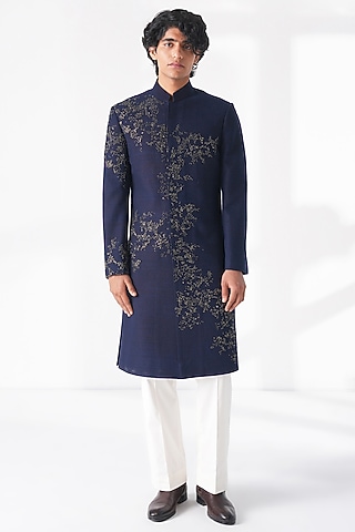 Navy Blue Silk Hand Embroidered Sherwani Set by Dhruv Vaish