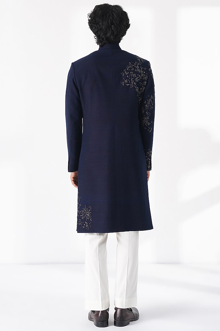 Navy Blue Silk Hand Embroidered Groom Sherwani Set by Dhruv Vaish at Pernia's Pop Up Shop