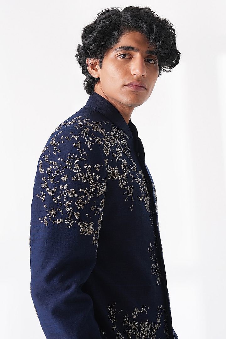 Navy Blue Silk Hand Embroidered Groom Sherwani Set by Dhruv Vaish at Pernia's Pop Up Shop