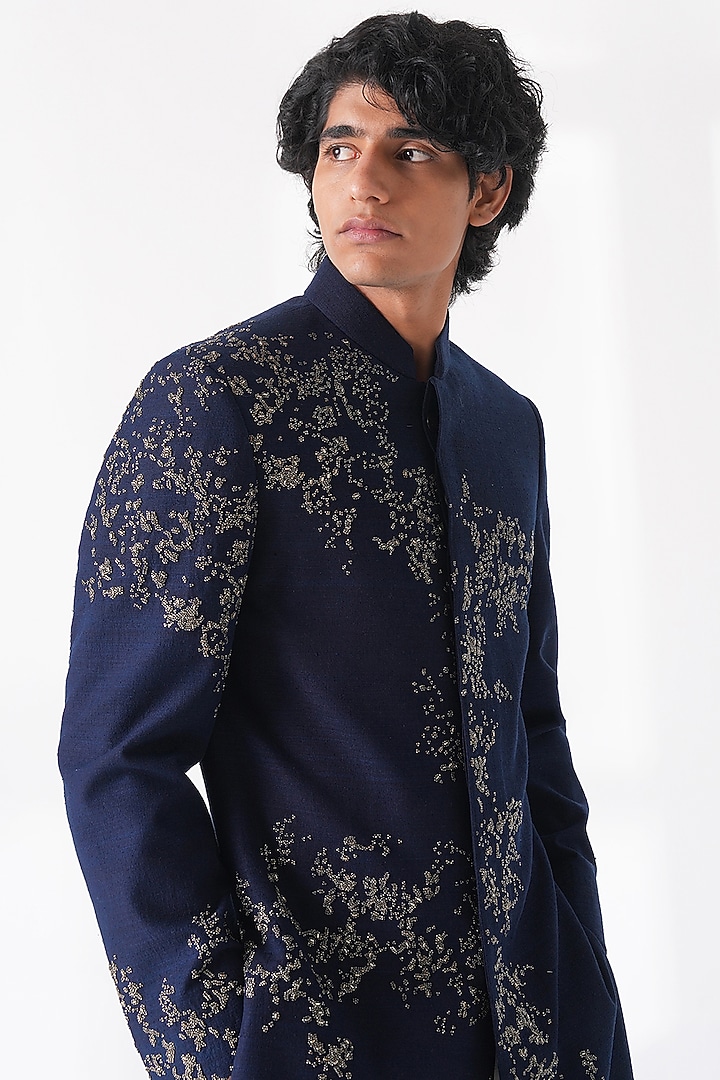 Navy Blue Silk Hand Embroidered Groom Sherwani Set by Dhruv Vaish at Pernia's Pop Up Shop