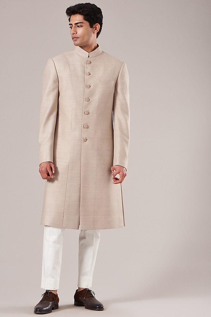 Moon Rock Silk Paneled Wedding Sherwani Set by Dhruv Vaish at Pernia's Pop Up Shop